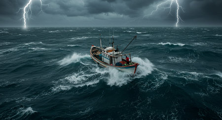 Fishing boat in stormy sea. 3d render illustration.の素材