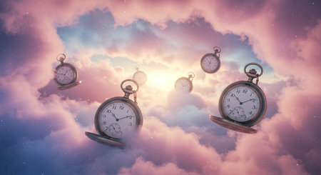 Vintage pocket watches against purple sky with white clouds 3d renderingの素材