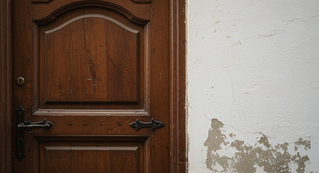 Old wooden door and white wall. Old wooden door and white wall.の素材