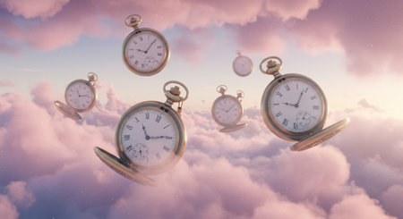 Vintage pocket watch flying in the sky with clouds. 3d illustrationの素材