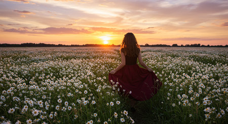 Young beautiful woman in a field of daisies at sunset.の素材
