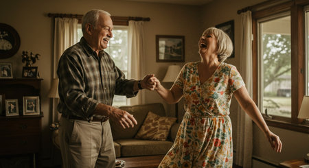 Happy senior couple dancing at home. Cheerful elderly couple dancing at home.の素材