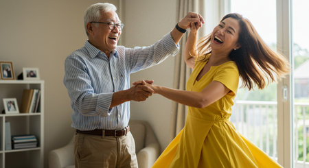 Happy Asian senior couple dancing together at home. Retirement and lifestyle concept.の素材