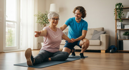 Smiling senior woman and young man doing stretching exercises on yoga mat at homeの素材