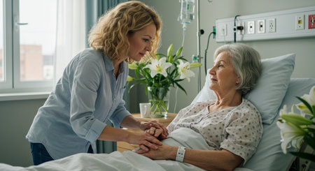 Nurse taking care of sick senior woman lying on hospital bed.の素材