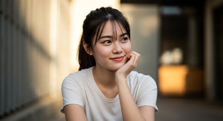 Portrait of a beautiful young asian woman smiling and looking at cameraの素材