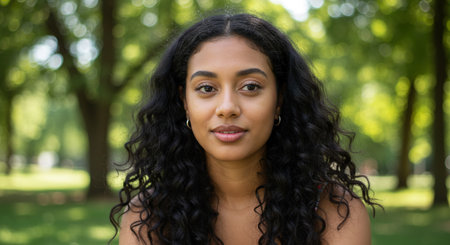 Portrait of a beautiful young african american woman in the parkの素材