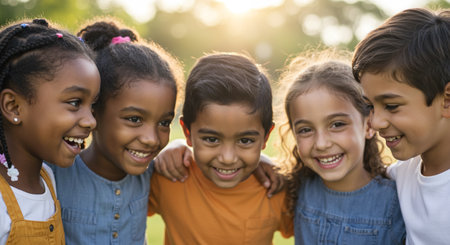 Group of children smiling and looking at camera in the park on a sunny dayの素材