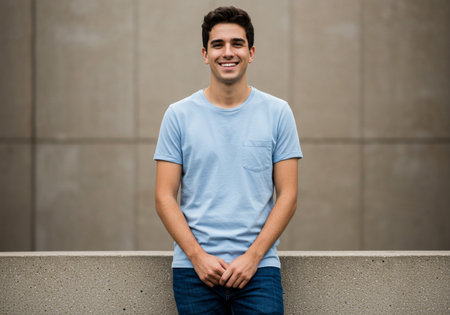 Portrait of a handsome young man in blue t-shirt standing outdoorsの素材