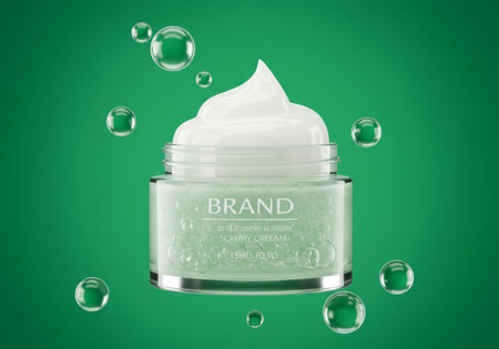 Cosmetic cream in a jar with bubbles on a green background. 3d renderingの素材