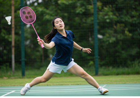Young asian woman playing badminton on tennis court outdoor.の素材