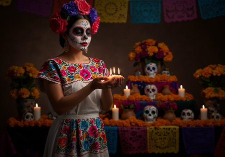 Young woman with sugar skull makeup holding candle in front of her face.の素材