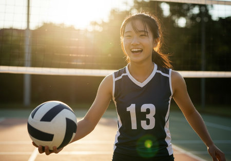 Portrait of Asian female volleyball player smiling and holding ball on courtの素材