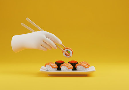Sushi roll with chopsticks on yellow background. 3d illustrationの素材