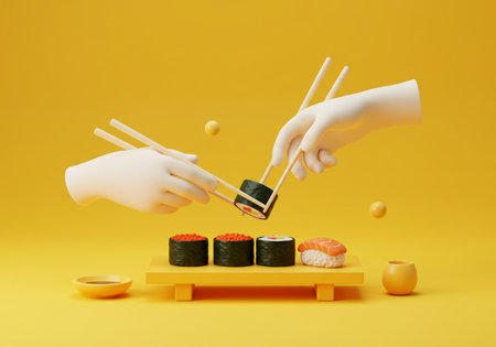 Sushi with chopsticks on a yellow background. 3d renderingの素材