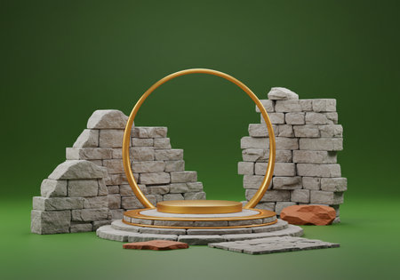 3d render of podium for product presentation with stone and green backgroundの素材