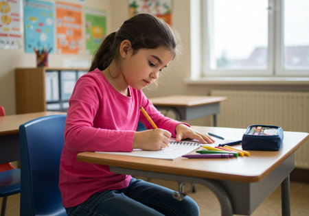 Portrait of a cute little girl doing her homework in a classroomの素材