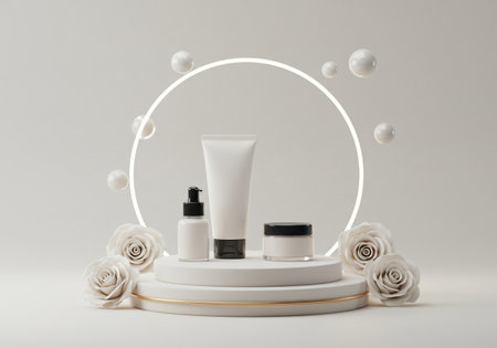cosmetic product display podium in white background, 3d render illustrationの素材