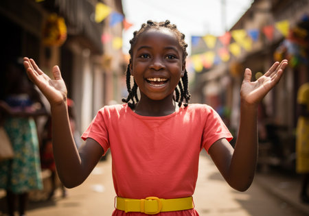 Portrait of happy african american girl smiling at camera in the streetの素材