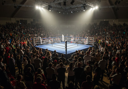 View of the ring during the opening of the boxing match.の素材