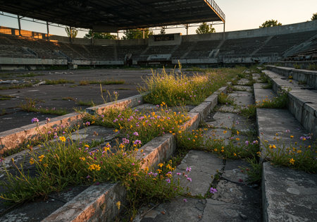 Rows of old stone steps in an empty football stadium with flowersの素材