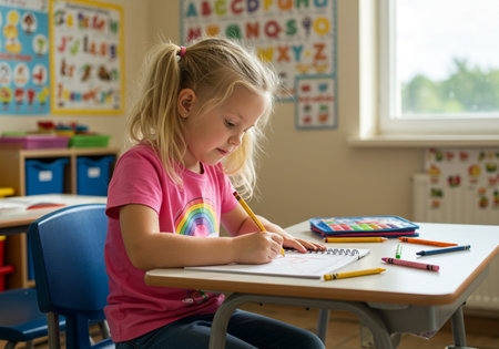 Cute little girl drawing with colorful pencils in classroom at schoolの素材