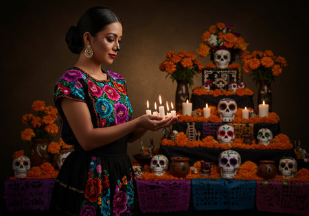 Beautiful young woman in mexican dress holding a candle in front of the altar with flowersの素材