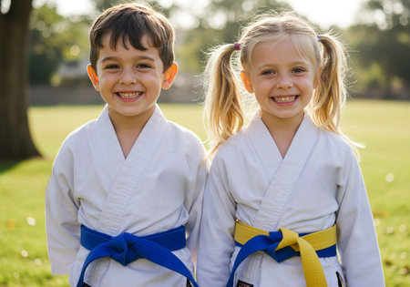 Kids in kimono practicing judo in the park. Boy and girl in kimono.の素材