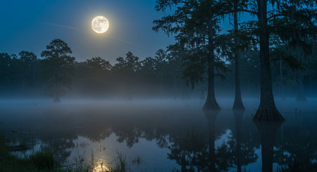 Foggy swamp at night with a full moon in the skyの素材