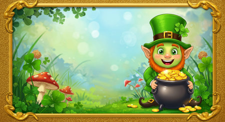 Illustration of a leprechaun holding a pot full of gold coins in the grassの素材