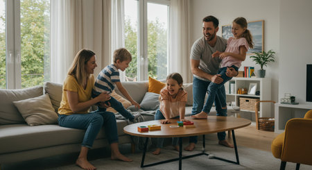 Happy family playing together at home. Mother, father and children are sitting on sofa and smiling.の素材