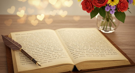 Vintage book with pen and flowers on wooden table, romantic backgroundの素材