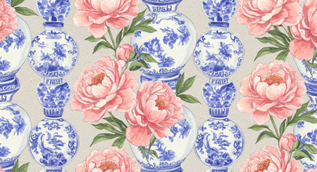 Seamless pattern with vintage porcelain vases and peoniesの素材