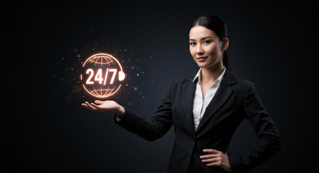 Young businesswoman holding 24/7 service icon on black background.の素材