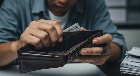 Man hand holding a wallet with money in it. Close-up.の素材
