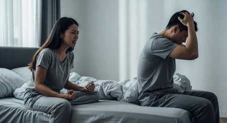 Young Asian couple sitting on the bed in the morning. Husband and wife are sad because of each other.の素材