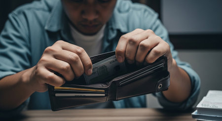 Man holding wallet with credit cards in his hand, Close up shotの素材