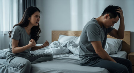 Young Asian man and woman sitting on the bed and talking about somethingの素材