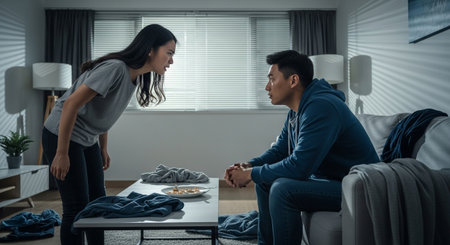 Young Asian couple sitting on sofa in living room, looking at each other and talkingの素材