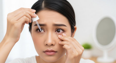 Asian woman applying eye drops in front of the mirror at homeの素材