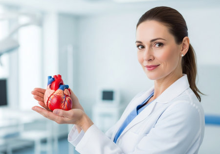 Portrait of a female doctor holding heart model in her hands.の素材