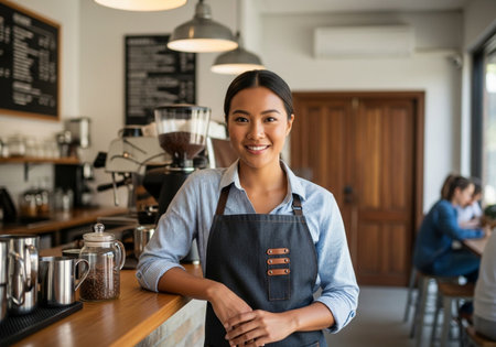 Portrait of smiling female barista standing with arms crossed in coffee shopの素材