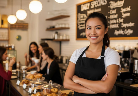 Portrait of a smiling female staff standing with arms crossed in a coffee shopの素材