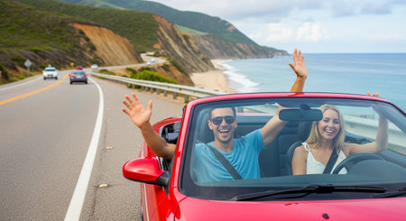 Couple in red cabriolet driving on the road to the oceanの素材