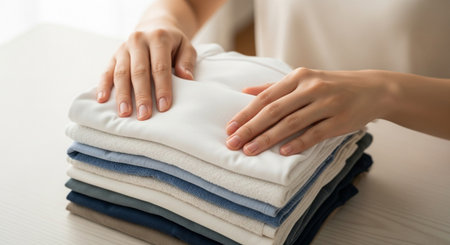 Closeup of woman hands holding stack of clean towels on table.の素材