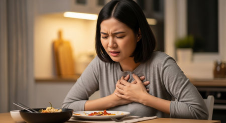sick asian woman suffering from heart attack at table in kitchenの素材