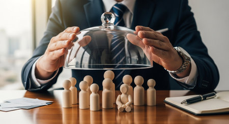 businessman hand holding cloche with people figure on desk in officeの素材