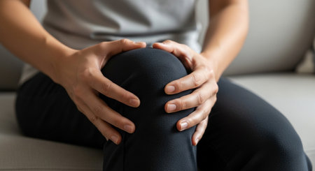 Woman suffering from knee pain at home, closeup. Health care conceptの素材
