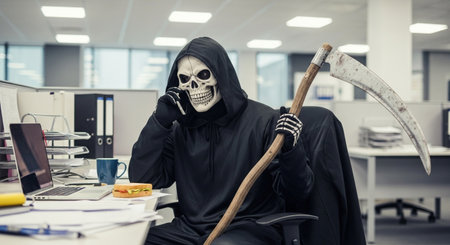 Angry man in death costume with scythe on the phone in officeの素材