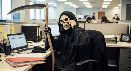 Scary businesswoman wearing death costume with scythe in officeの素材